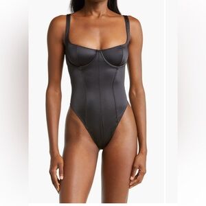 SKIMS Satin Stretch Corset Bodysuit | Onyx | Size S